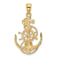 14K Gold Anchor Pendant with Nautical Wheel for Men, Solid Cast Design