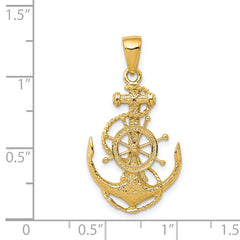 14K Gold Anchor Pendant with Nautical Wheel for Men, Solid Cast Design