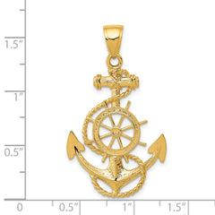 14K Gold Men's Anchor with Wheel Pendant, Solid Cast Design