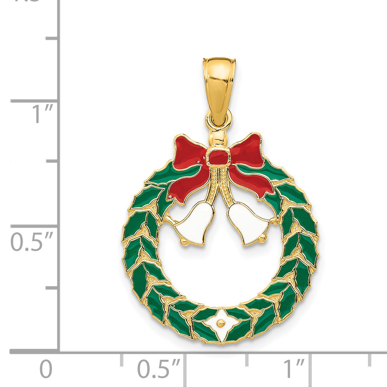 14K Gold Enameled Christmas Wreath Pendant, Festive Solid Design