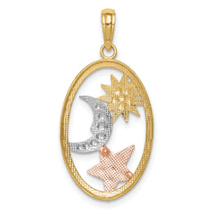 14K Two-Tone Gold Oval Pendant with White Rhodium Sun, Moon, and Star Design