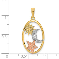 14K Two-Tone Gold Oval Pendant with White Rhodium Sun, Moon, and Star Design