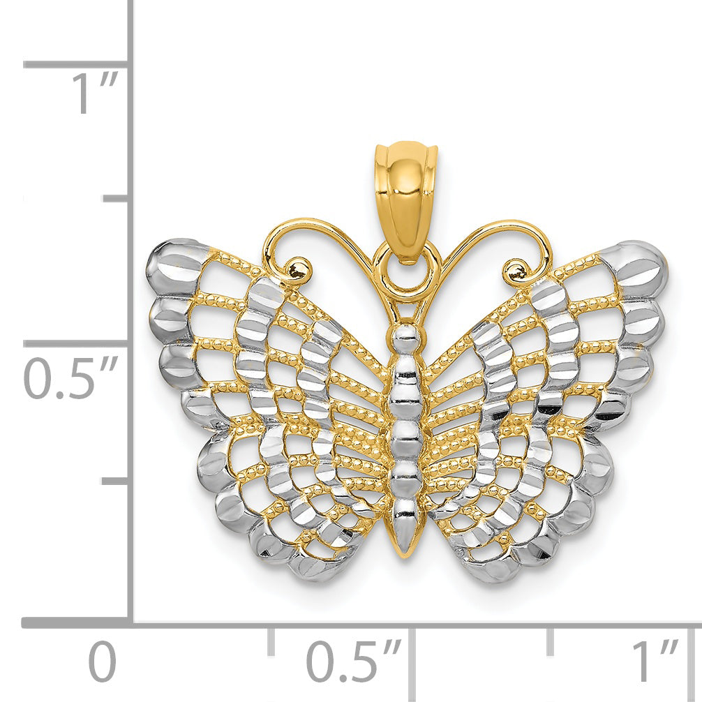 14K Gold and Rhodium Butterfly Pendant with Diamond-Cut Detail