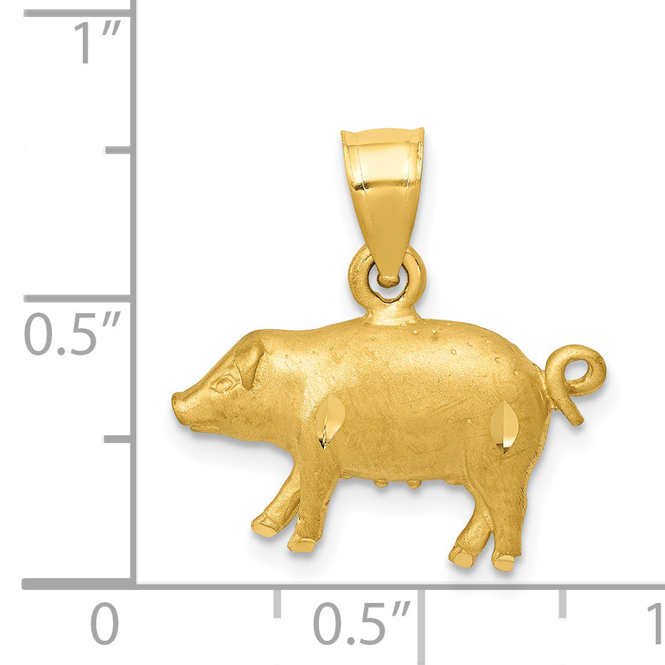 14K Gold Diamond-Cut Pig Pendant with Brushed Finish Solid