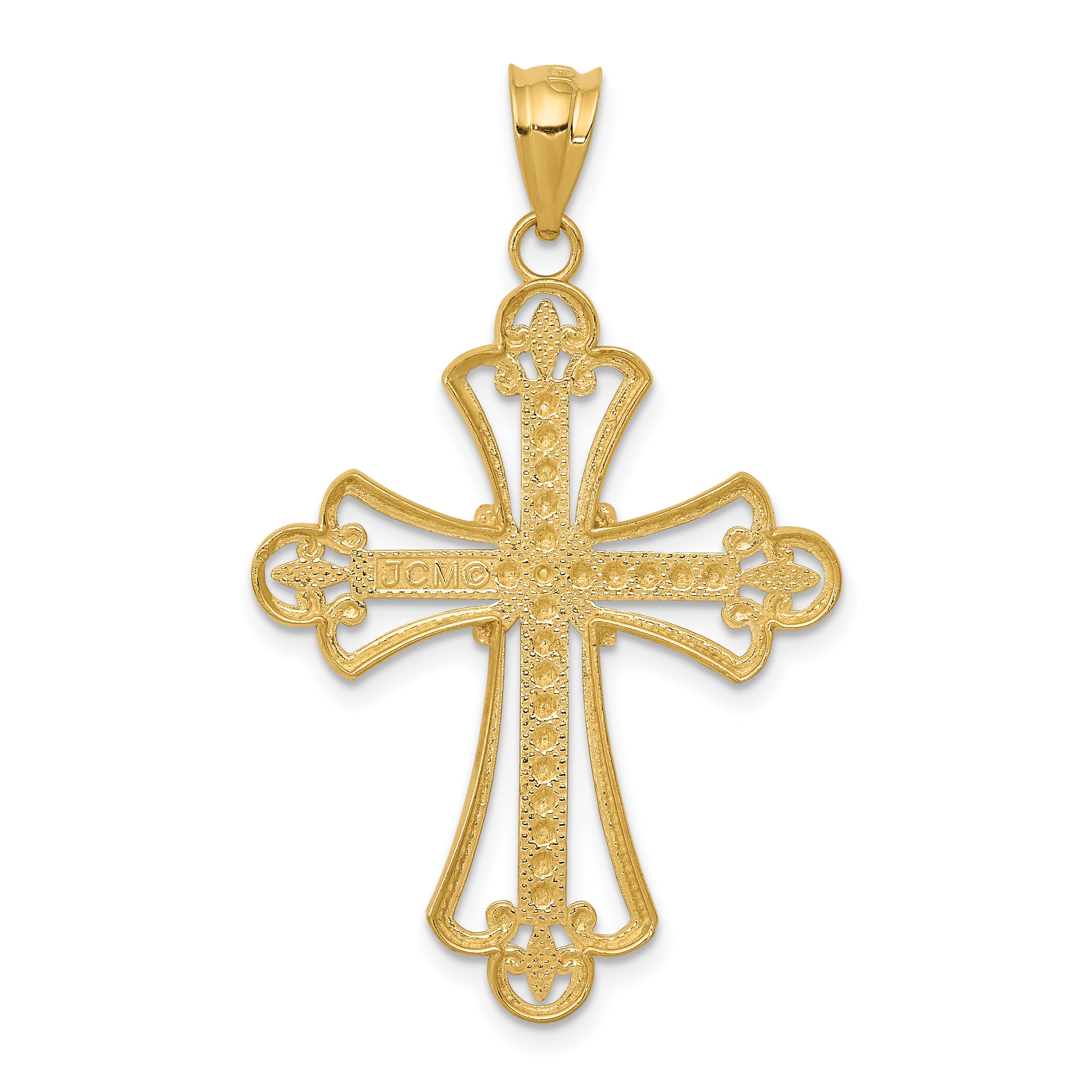 14K Gold Budded Cross Pendant with Rhodium Plating Elegant Solid Design