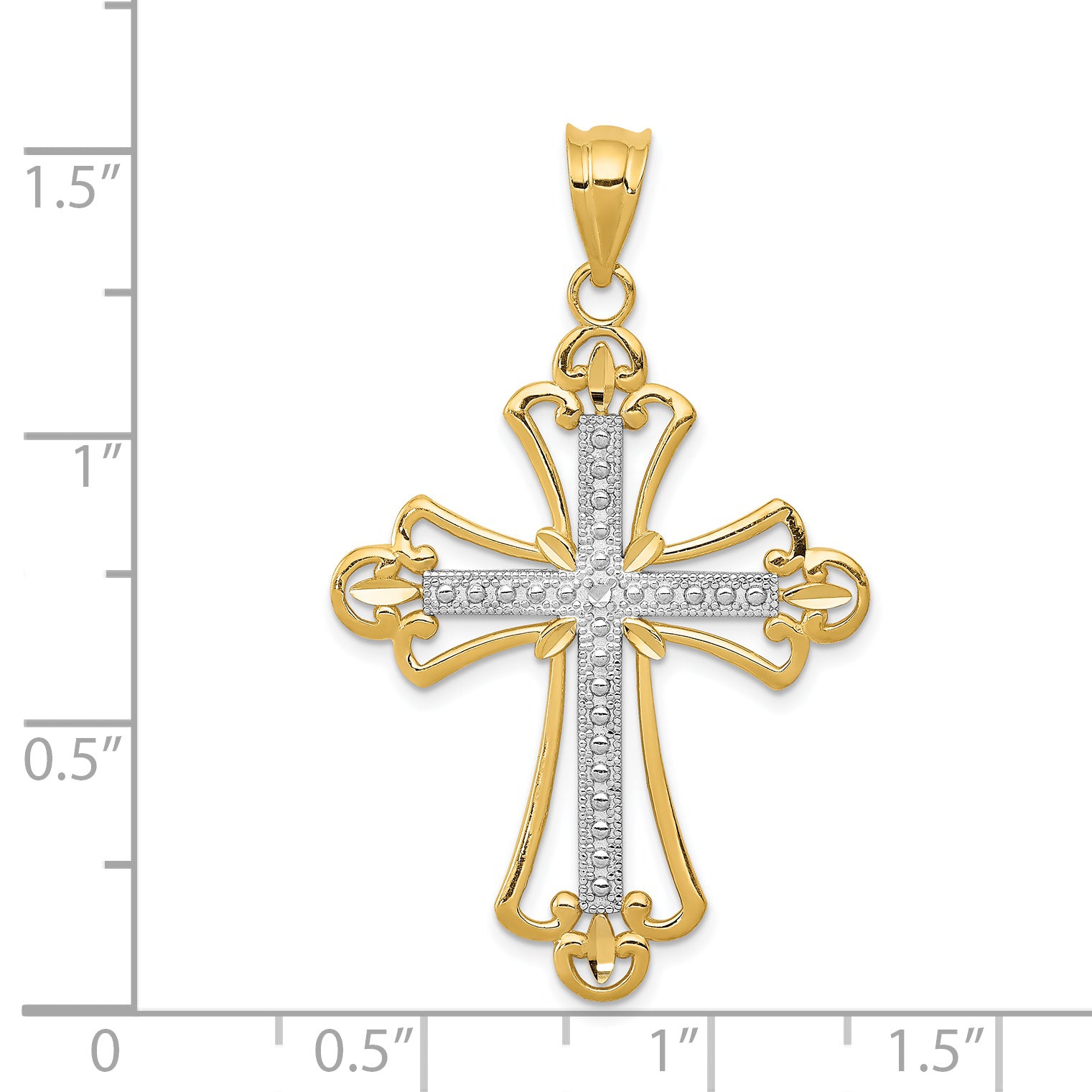 14K Gold Budded Cross Pendant with Rhodium Plating Elegant Solid Design