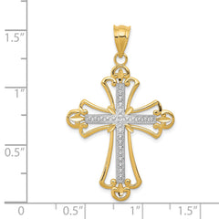 14K Gold Budded Cross Pendant with Rhodium Plating Elegant Solid Design