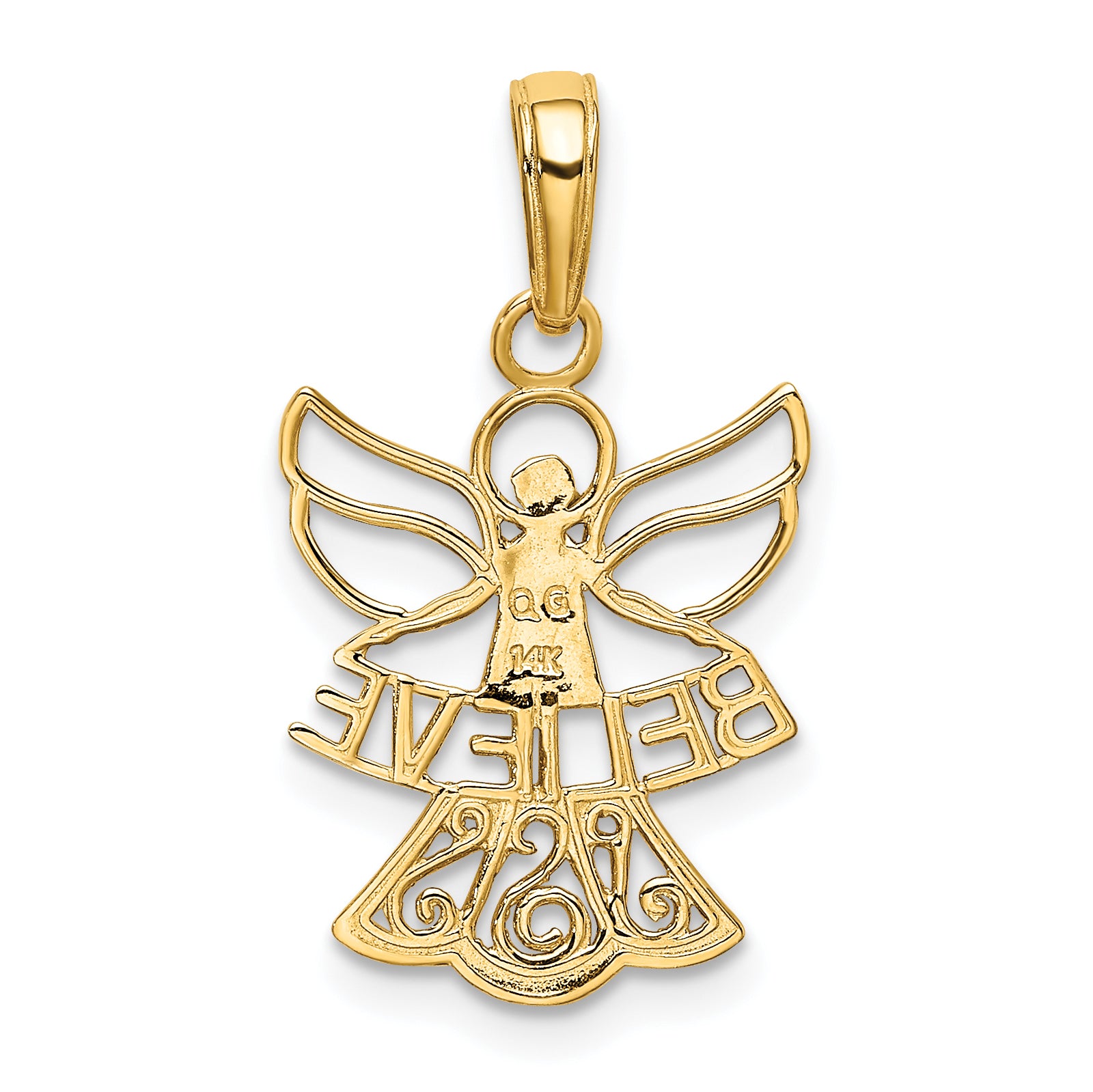 14K W/Rhodium BELIEVE Angel Pendant