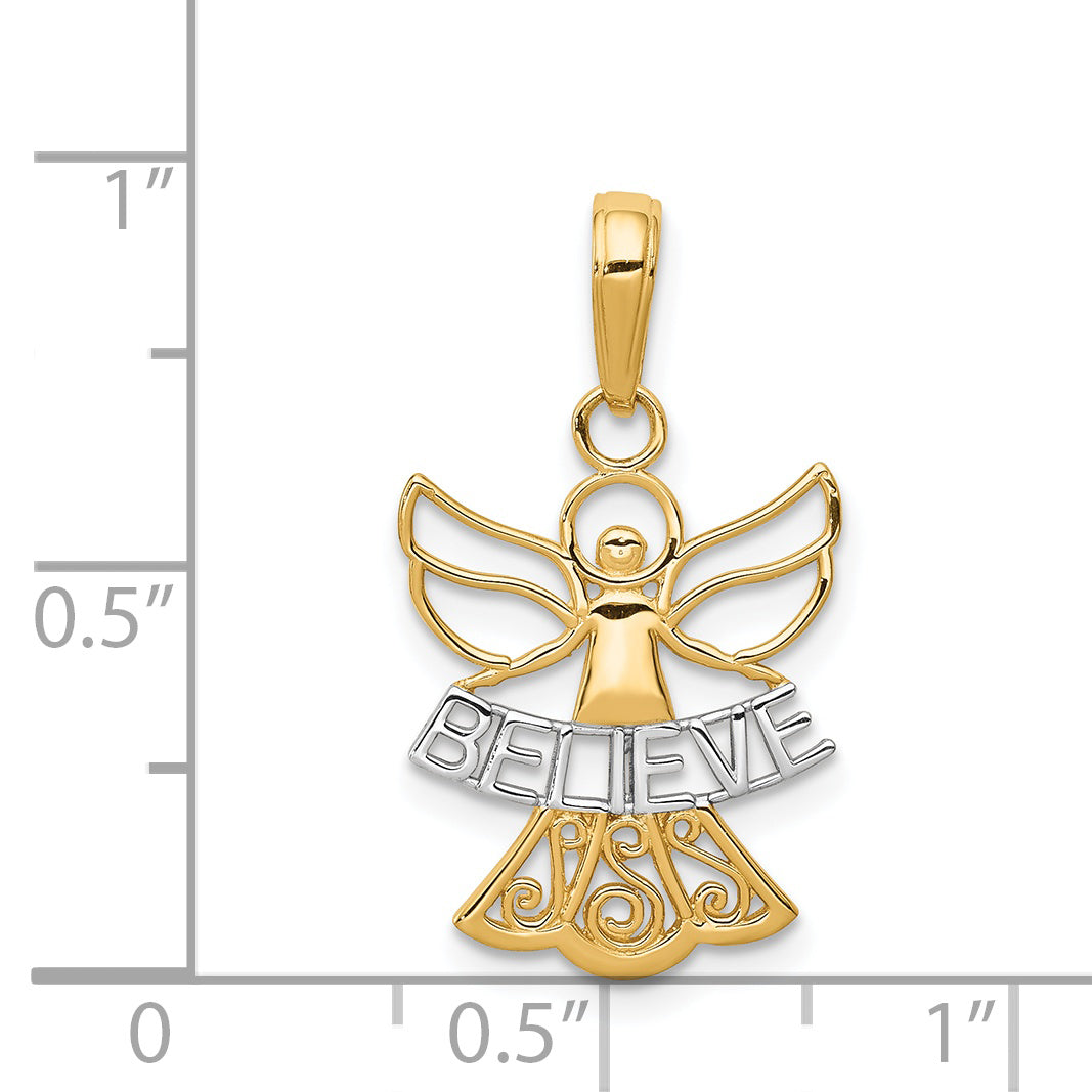 14K W/Rhodium BELIEVE Angel Pendant