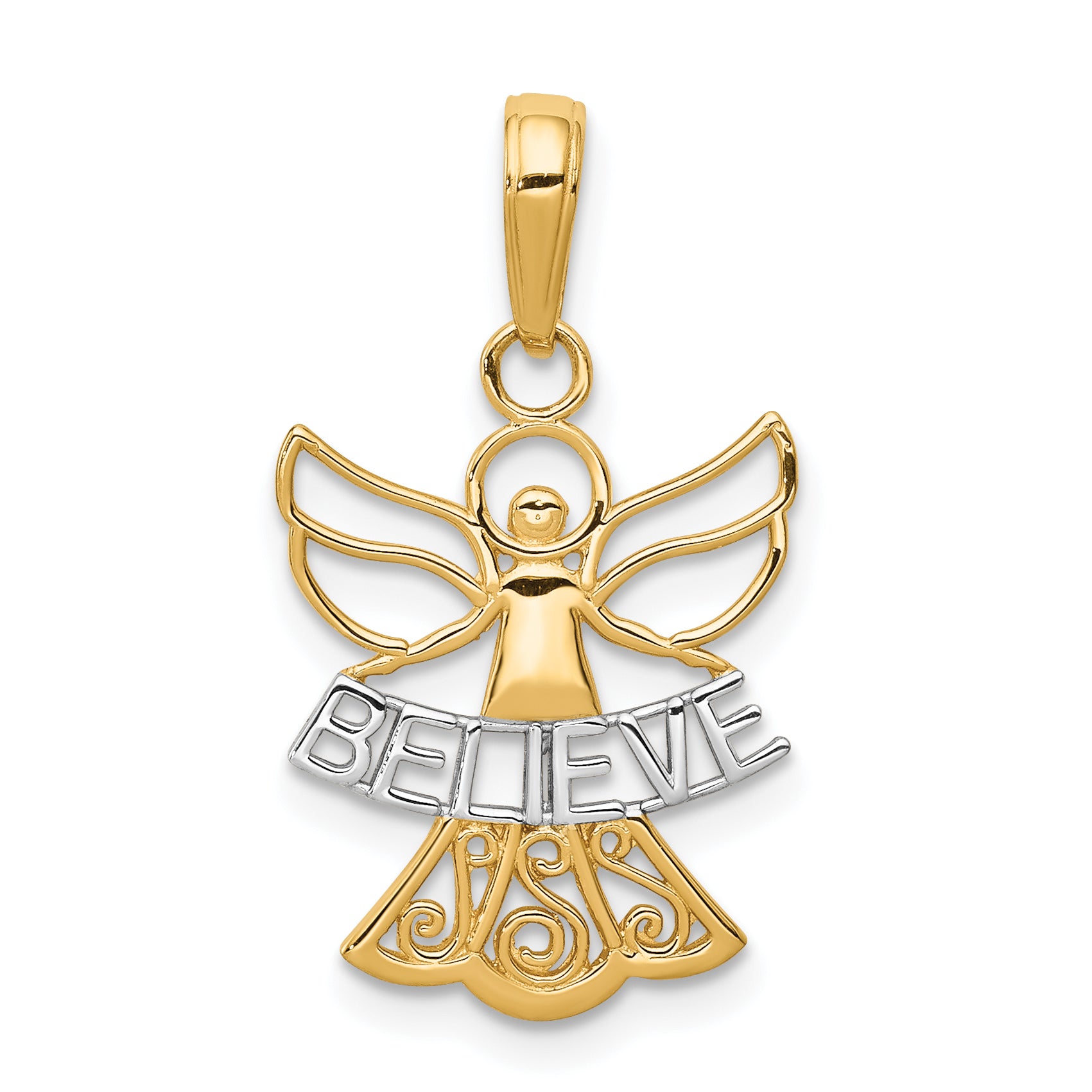 14K W/Rhodium BELIEVE Angel Pendant