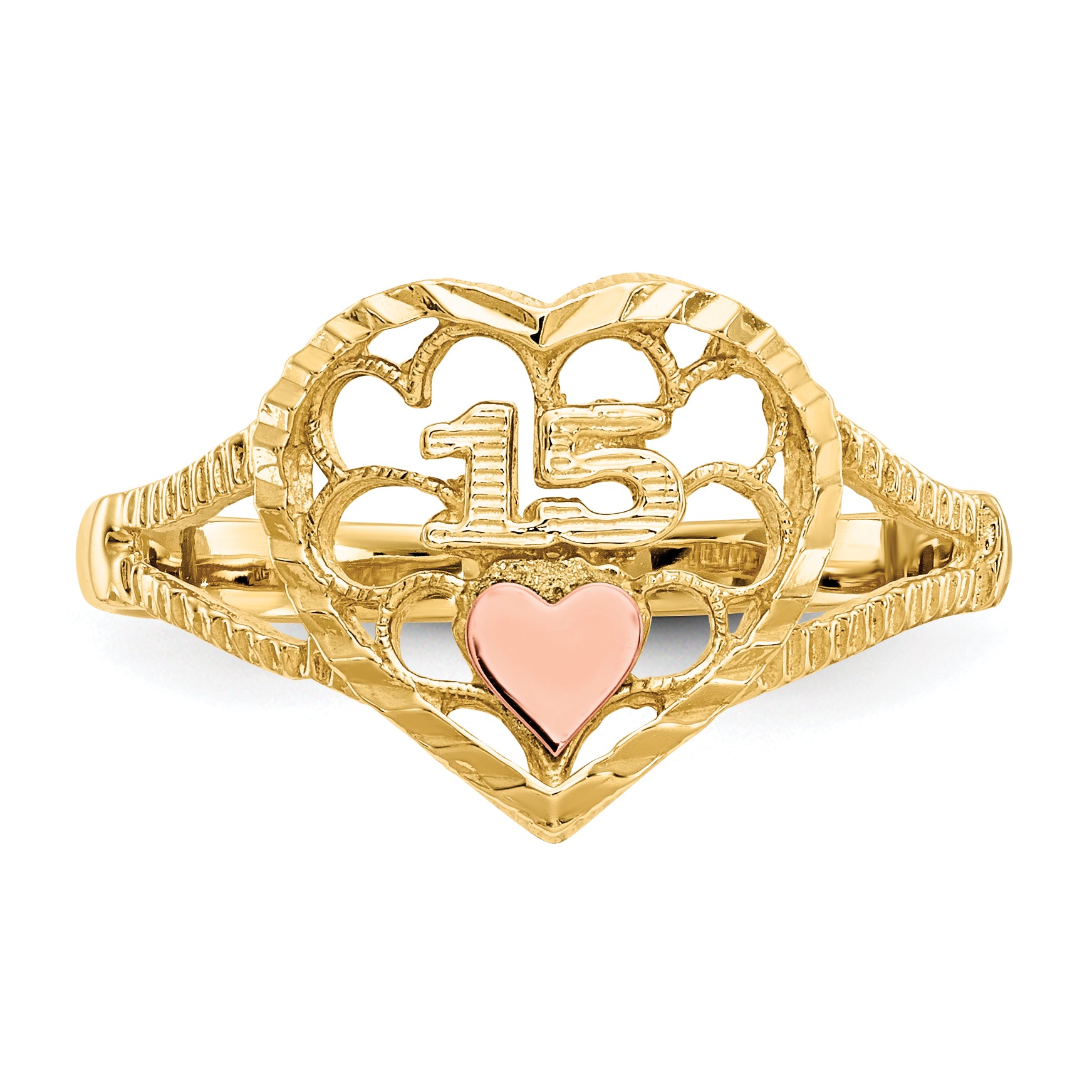 14K Two-tone Diamond Cut 15 Heart Ring