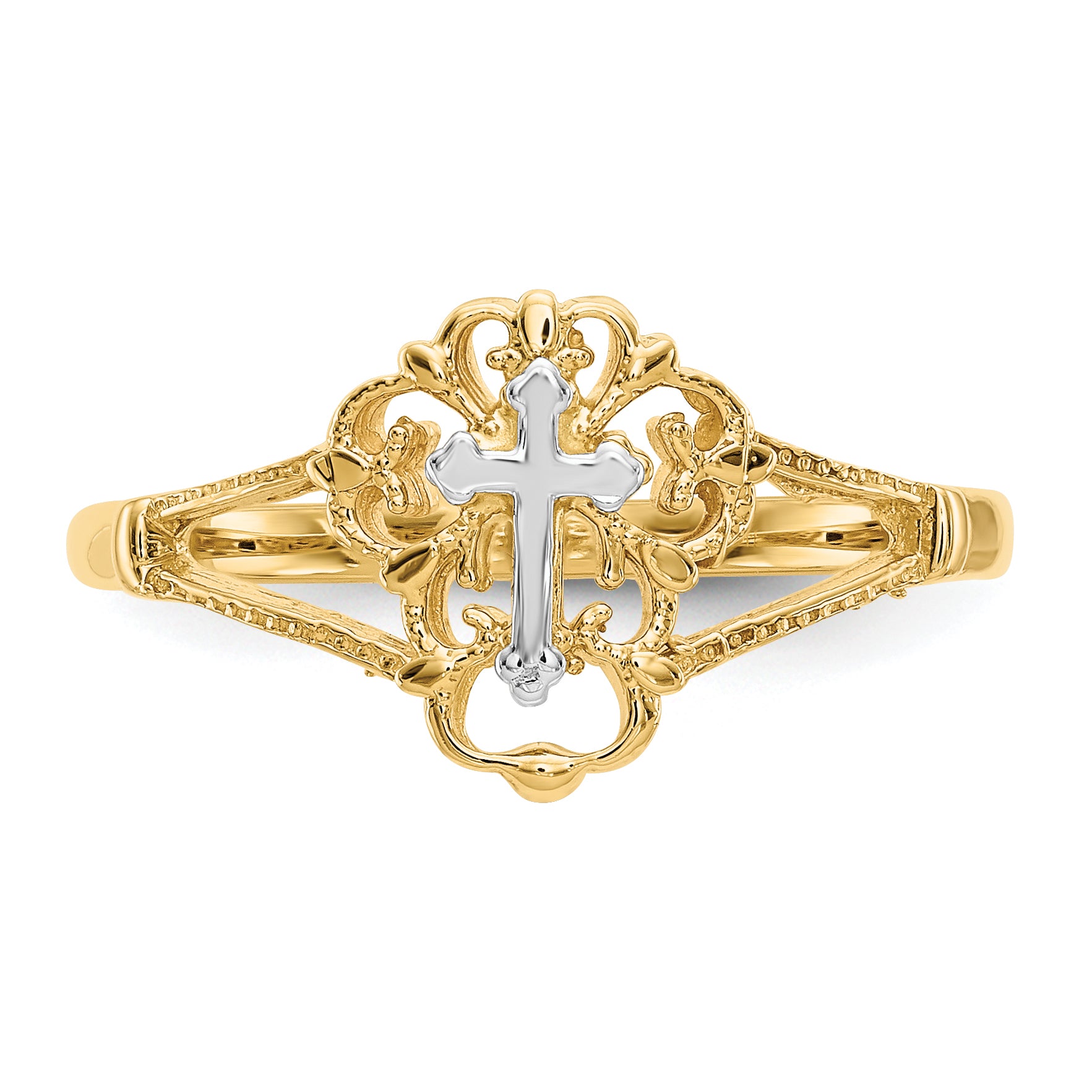 14K Two-tone Diamond Cut Cross Ring