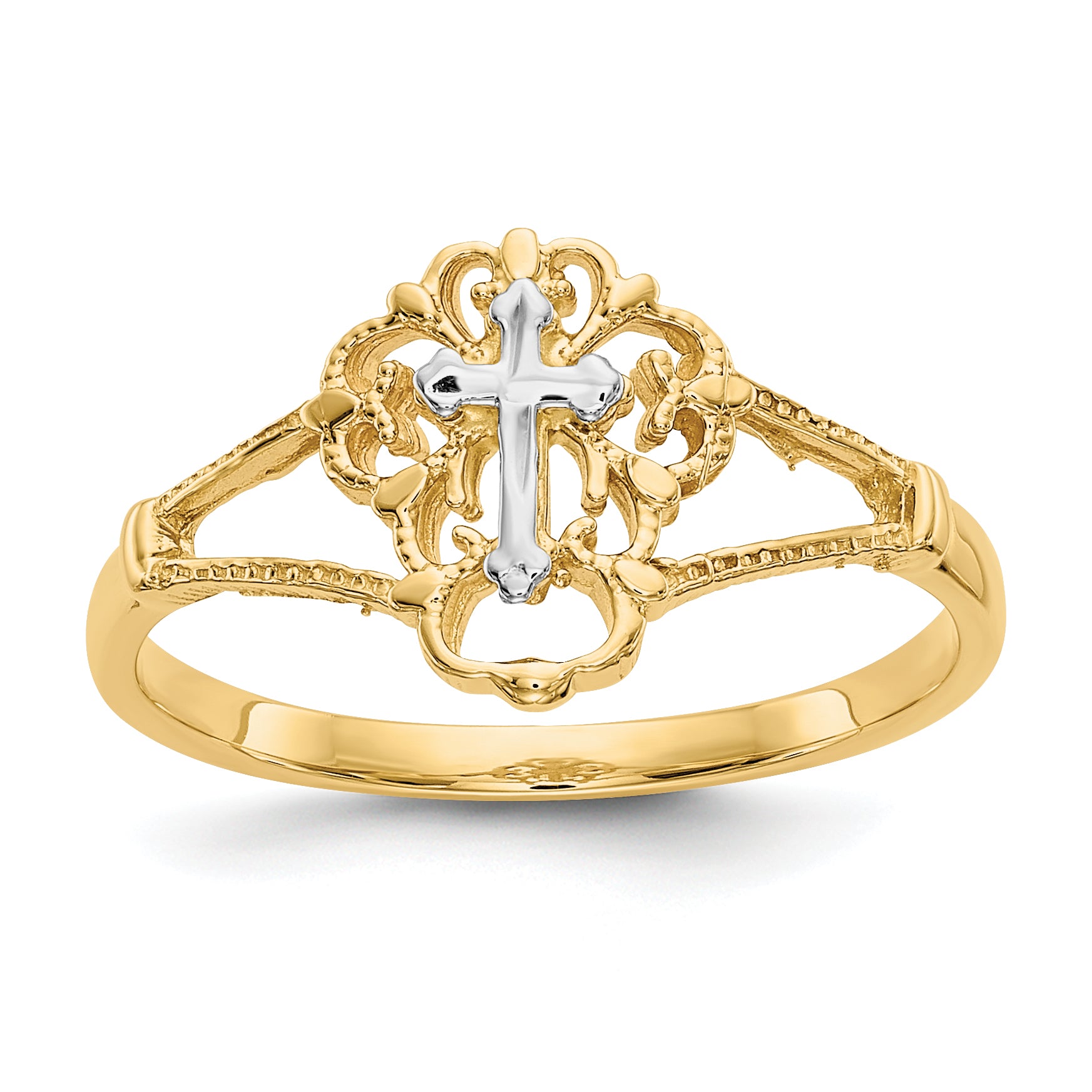 14K Two-tone Diamond Cut Cross Ring