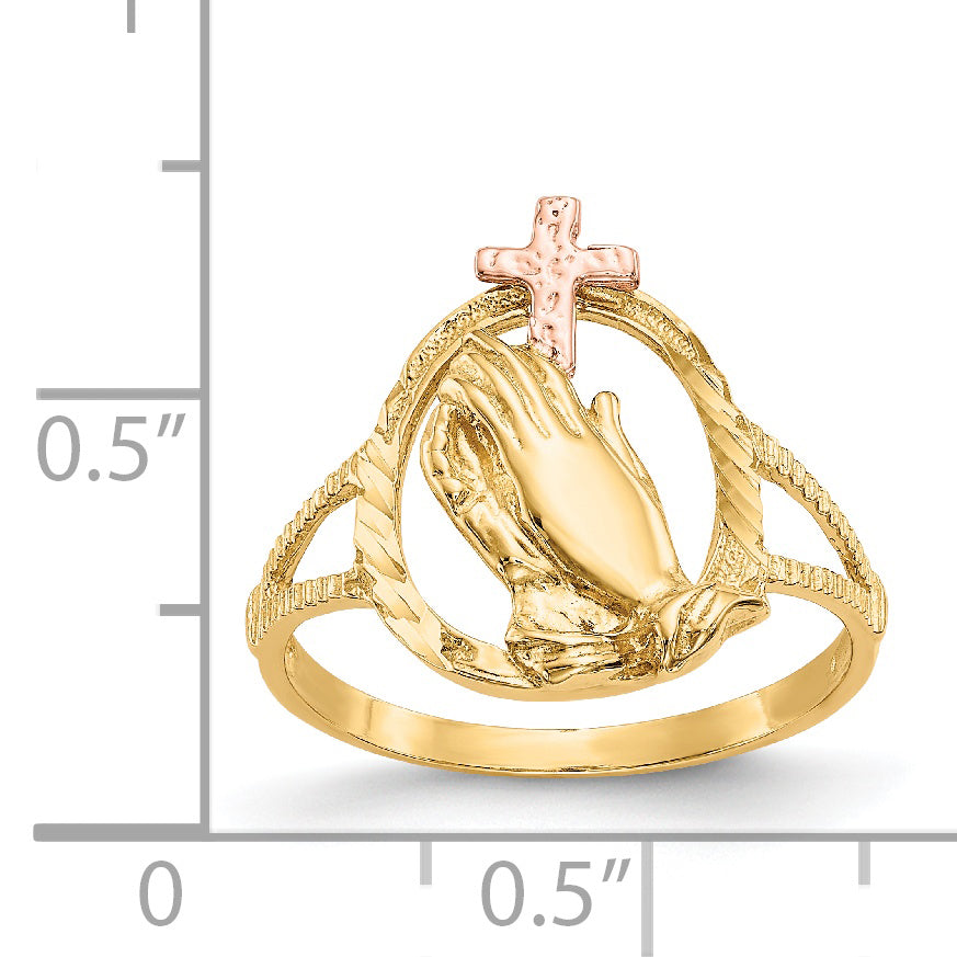 14K Two-tone Diamond Cut Praying Hands Cross Ring