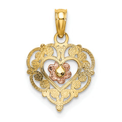 14K Two-Tone Gold Heart Pendant with Polished Flower in Fancy Border