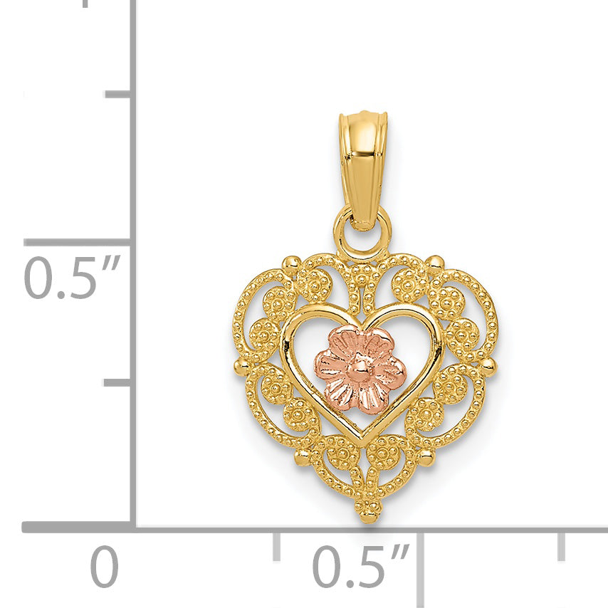 14K Two-Tone Gold Heart Pendant with Polished Flower in Fancy Border