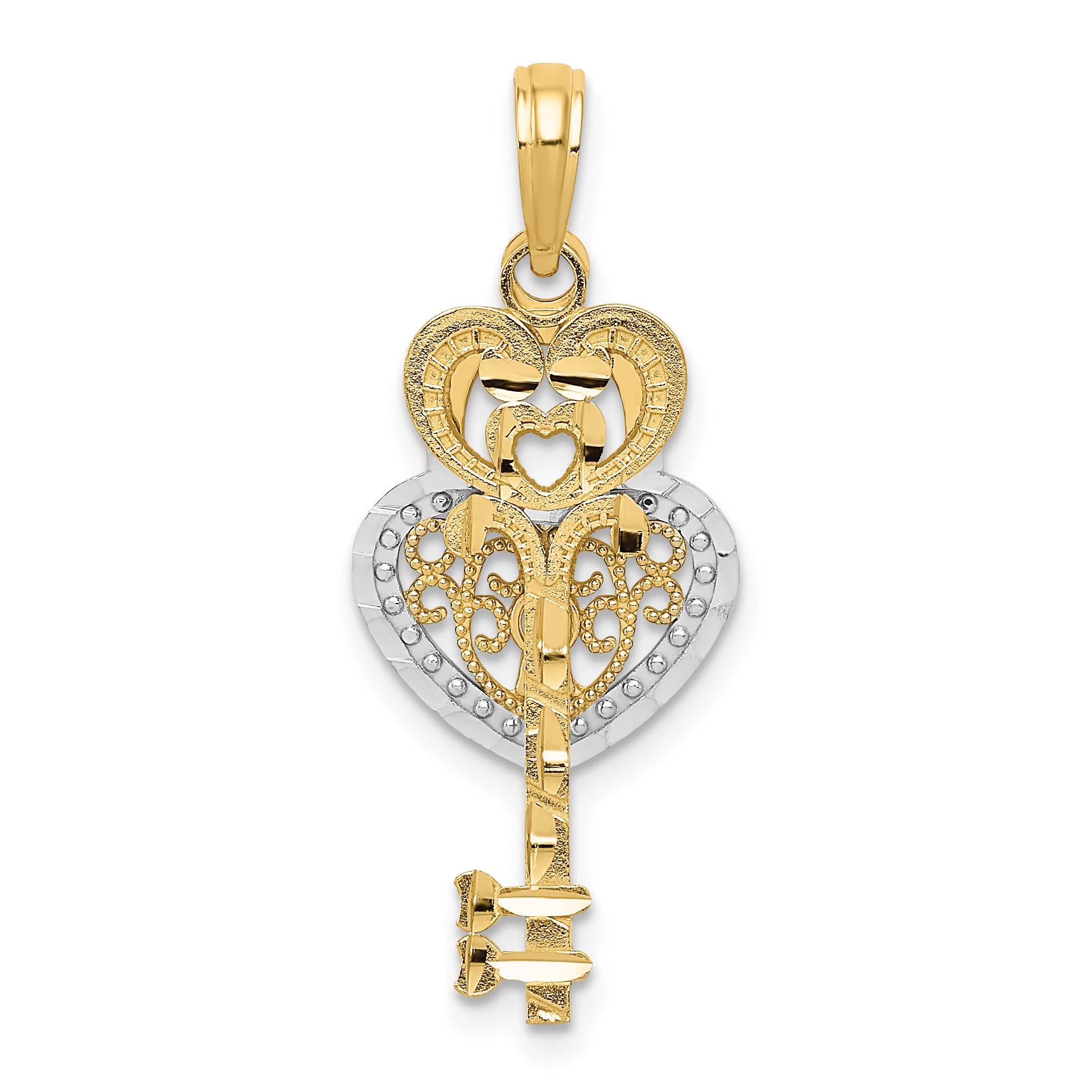 14K Gold Filigree Heart Key and Lock Charm with White Rhodium Finish