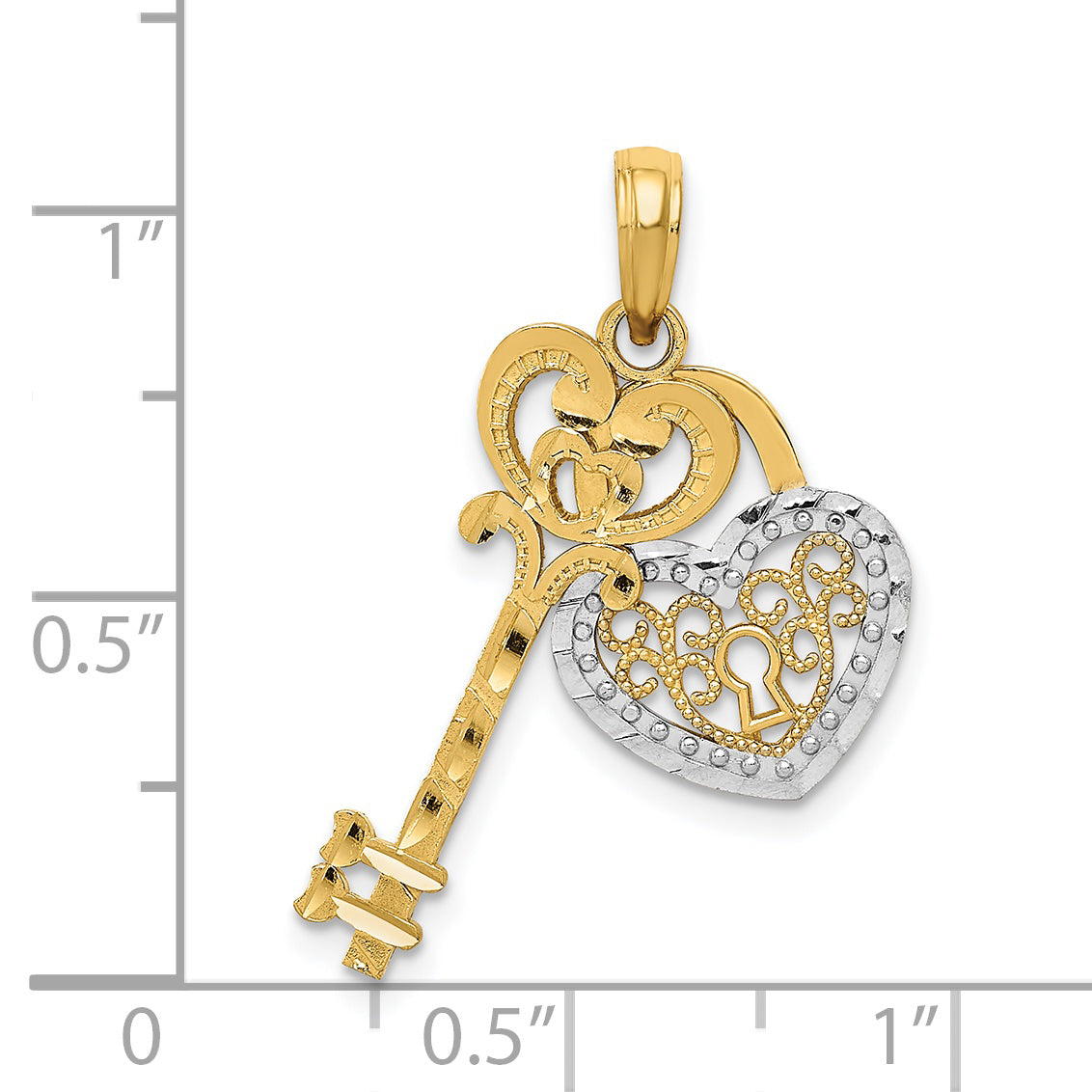 14K Gold Filigree Heart Key and Lock Charm with White Rhodium Finish