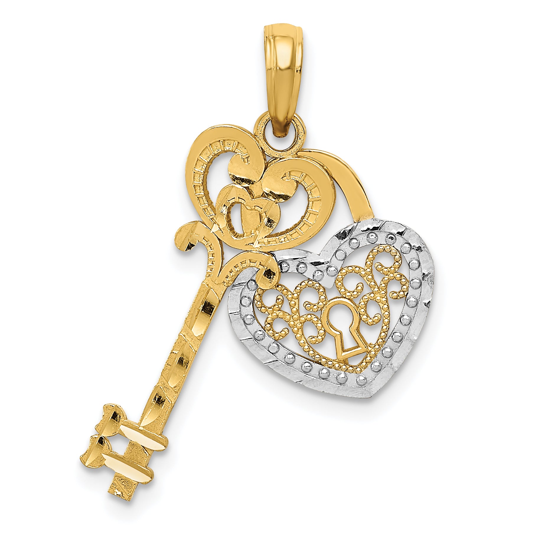 14K w/White Rhodium Moveable Filigree Heart Key and Lock Charm