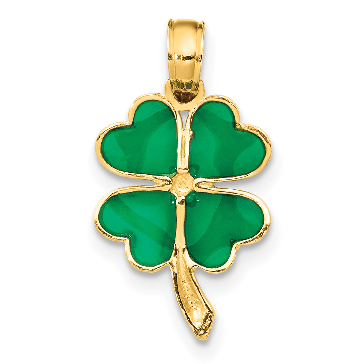 14K Gold 4-Leaf Clover Pendant with Green Enamel Polished Finish