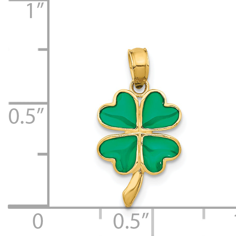 14K Gold 4-Leaf Clover Pendant with Green Enamel Polished Finish