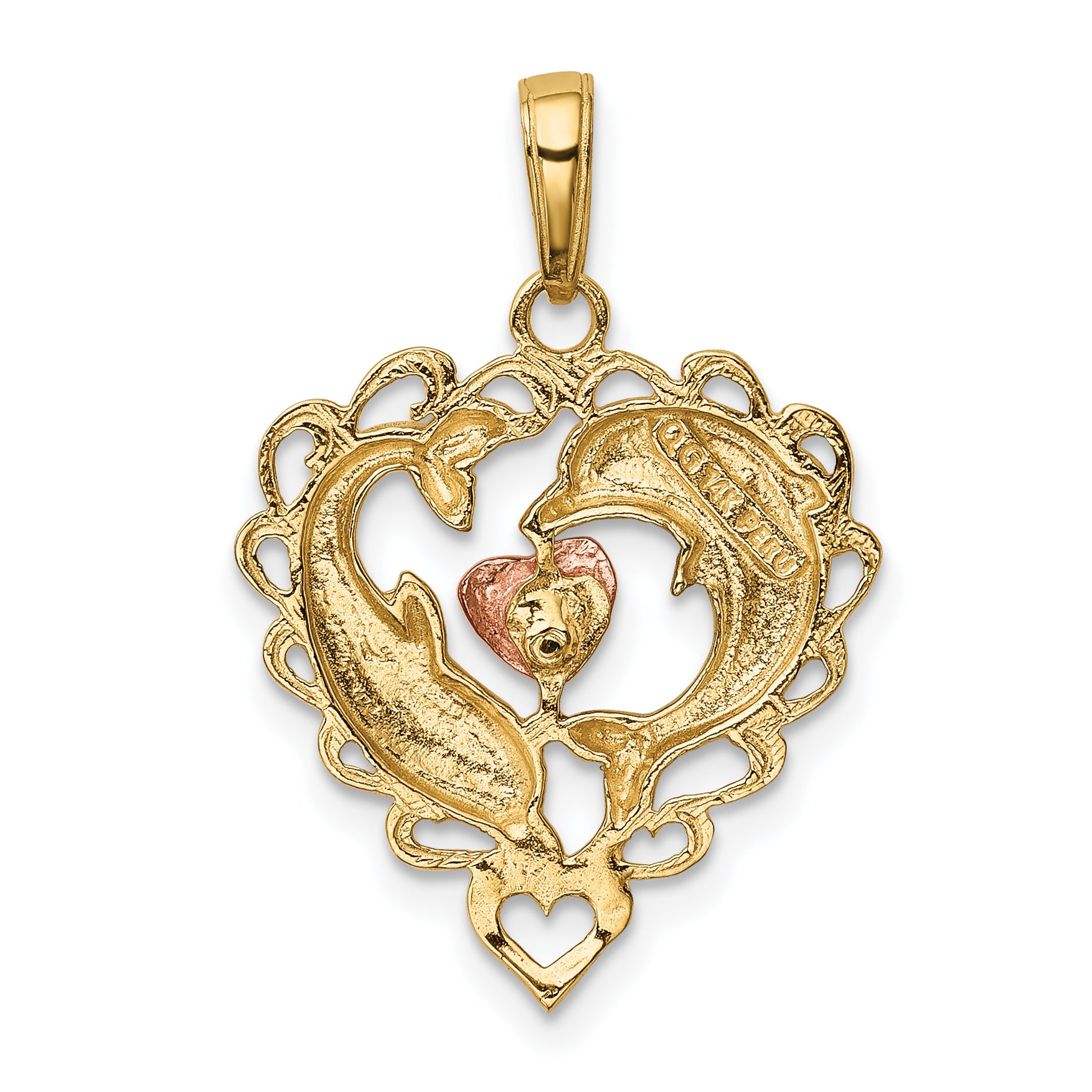 14K Two-Tone w/White Rhodium Dolphins In Heart Pendant