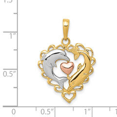 14K Two-Tone w/White Rhodium Dolphins In Heart Pendant