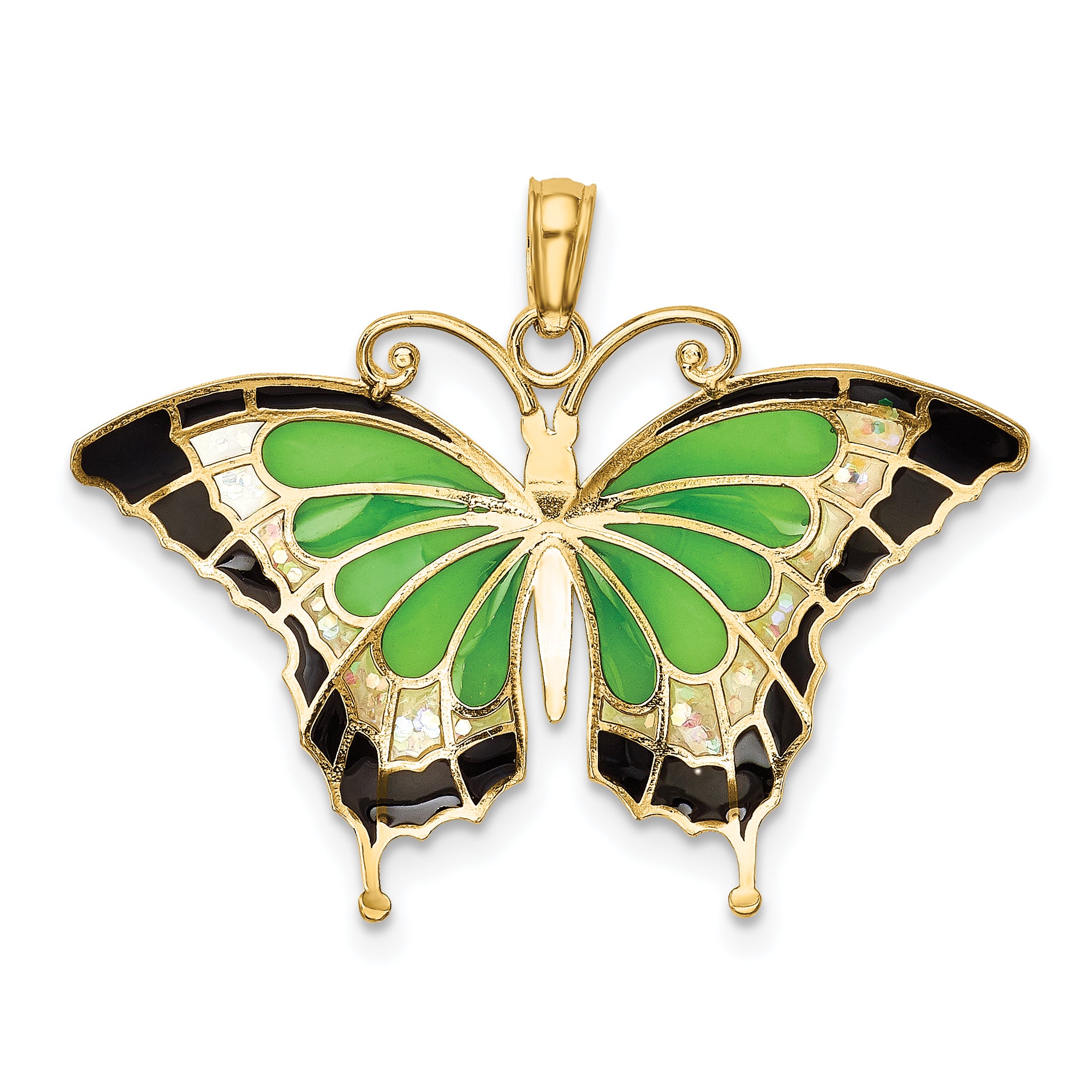 14K Gold Green Enamel Butterfly Pendant with Polished Finish