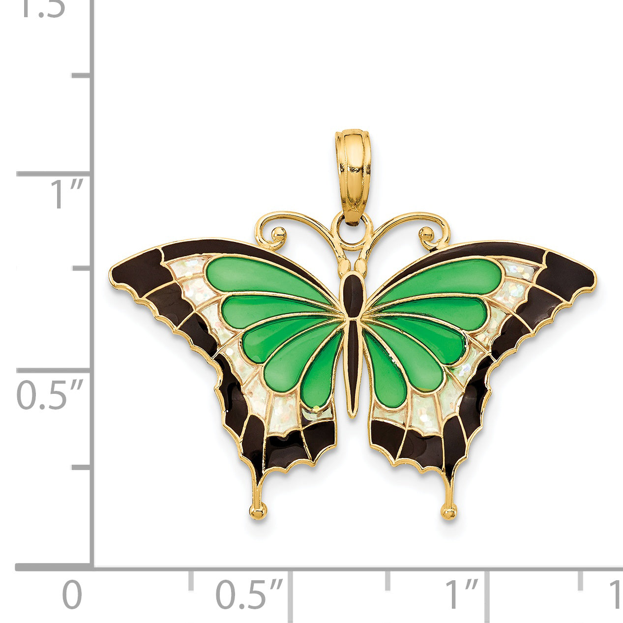 14K Gold Green Enamel Butterfly Pendant with Polished Finish