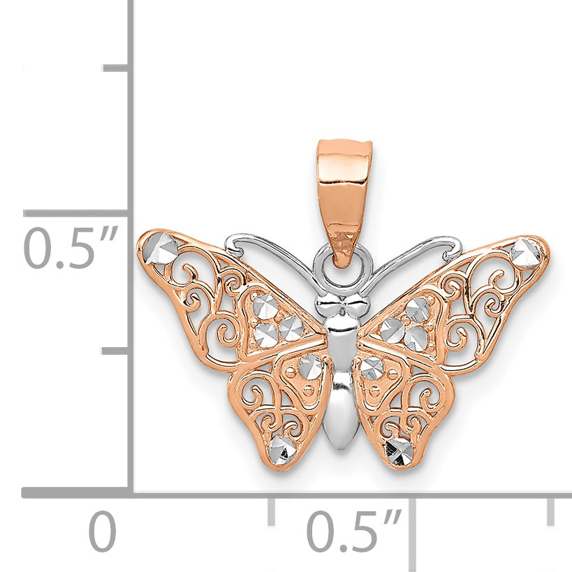 14K Rose Gold Diamond-Cut Butterfly Pendant with Rhodium Accents