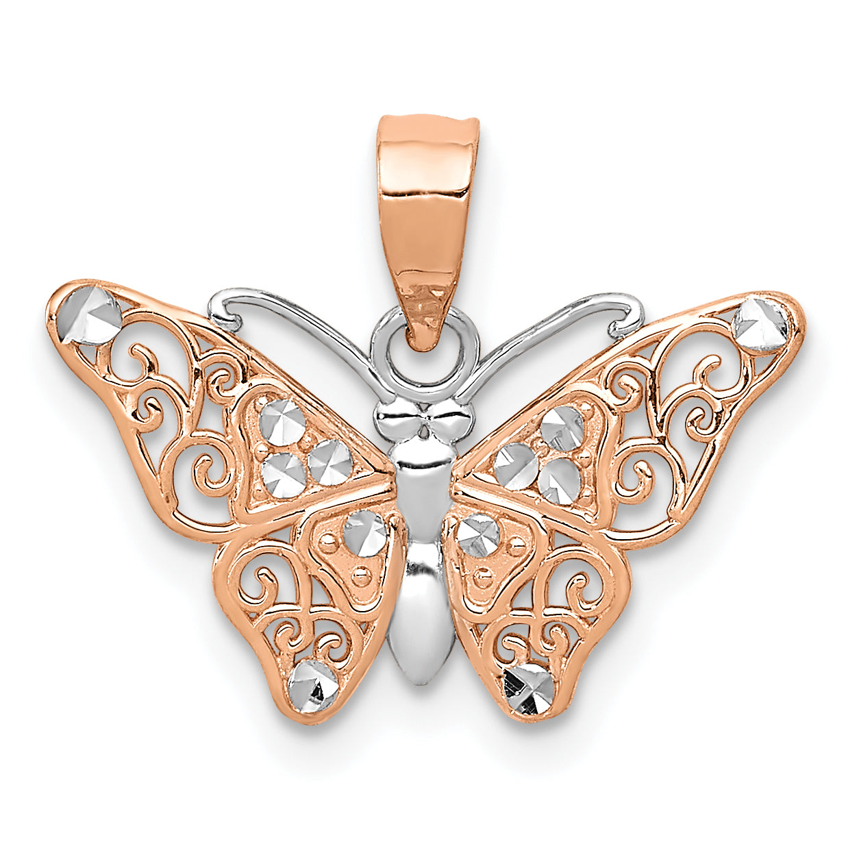 14k Rose Gold w/Rhodium Diamond-cut Butterfly Pendant