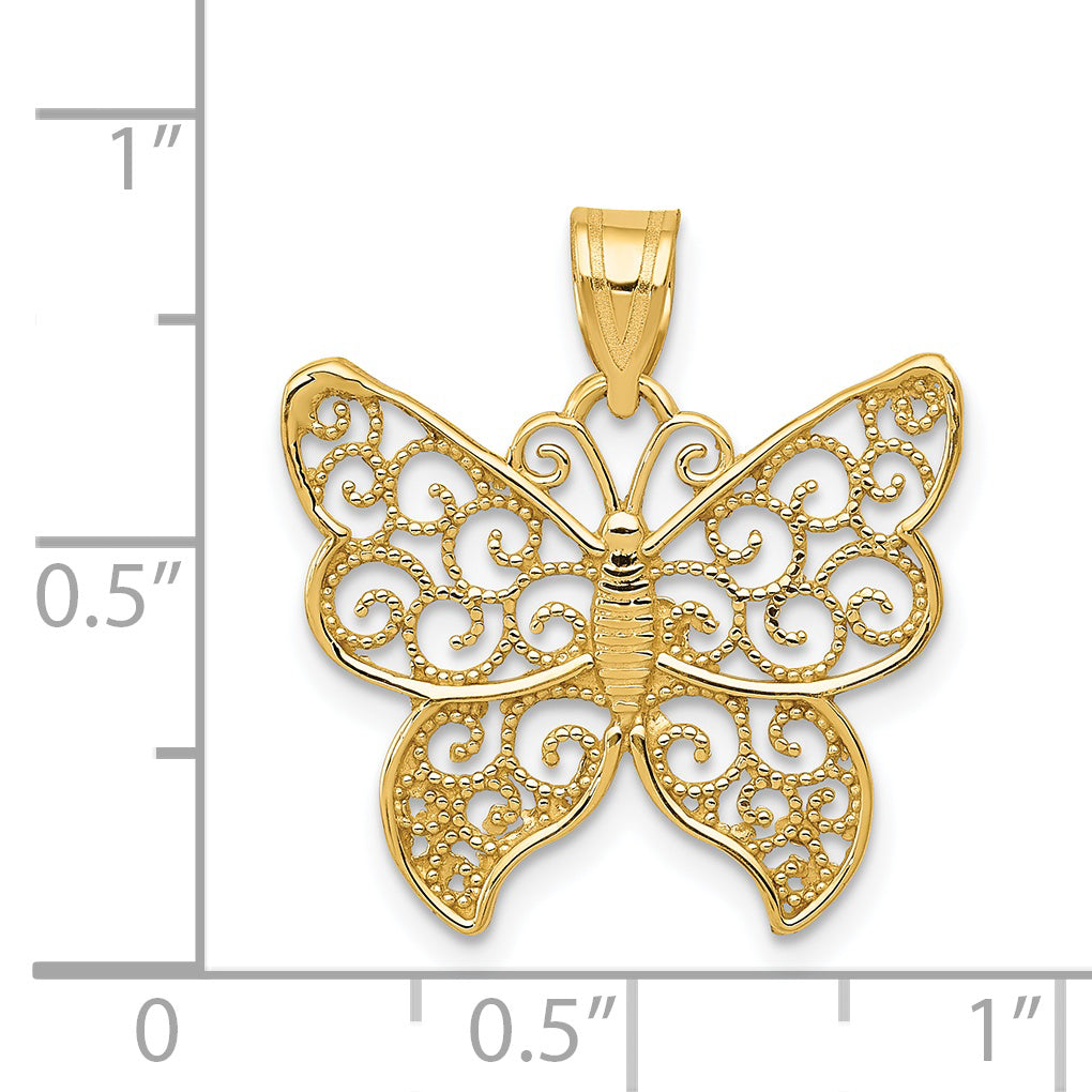 14K Gold Filigree Butterfly Pendant with Polished Finish Elegant Design