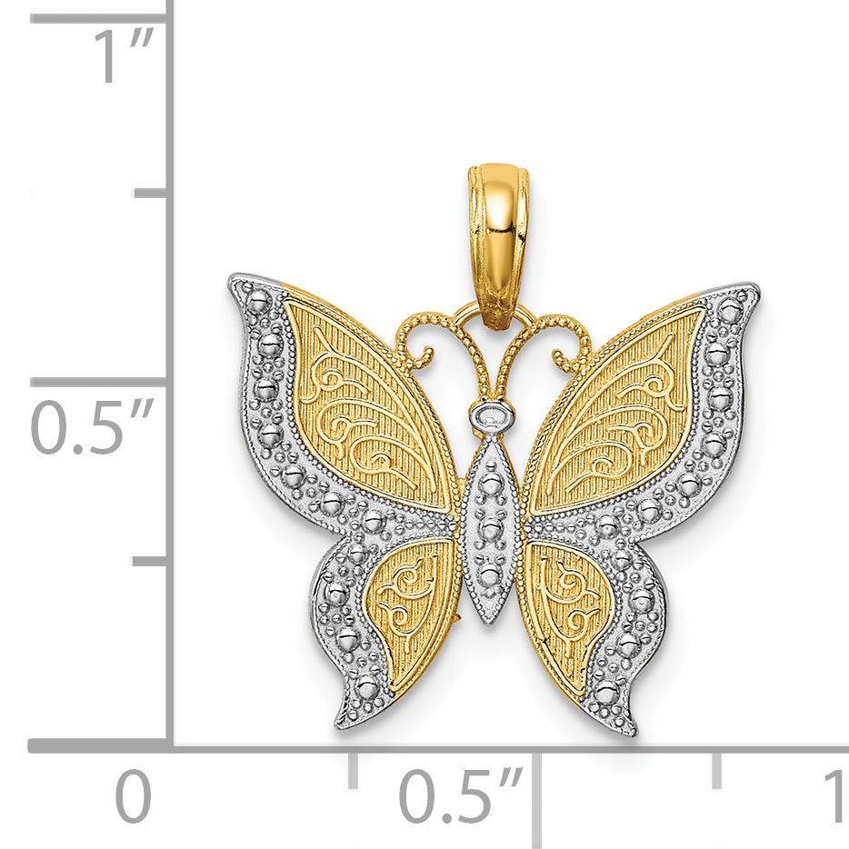 14K Gold and Rhodium Butterfly Pendant with Polished Textured Finish