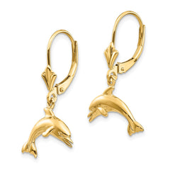 14K Gold Jumping Dolphin Leverback Earrings  Solid, Elegant Dangle Design