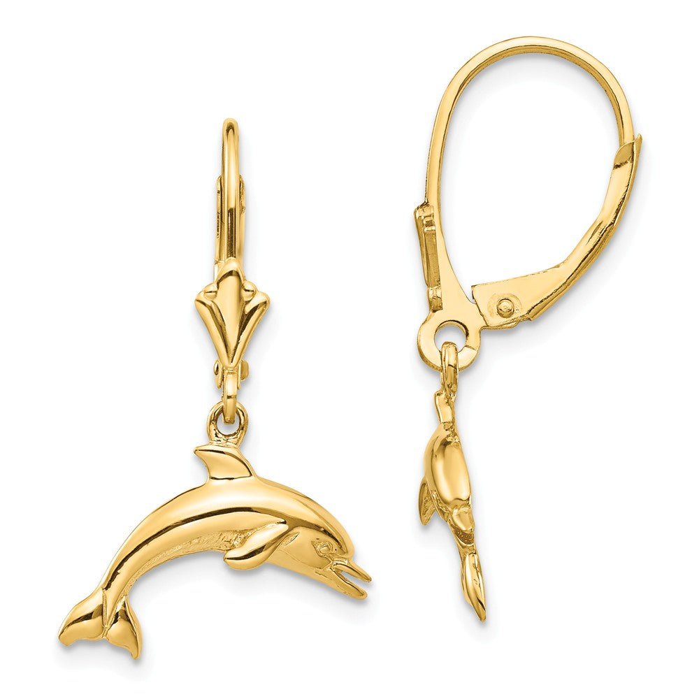 14K Jumping Dolphin Leverback Earrings