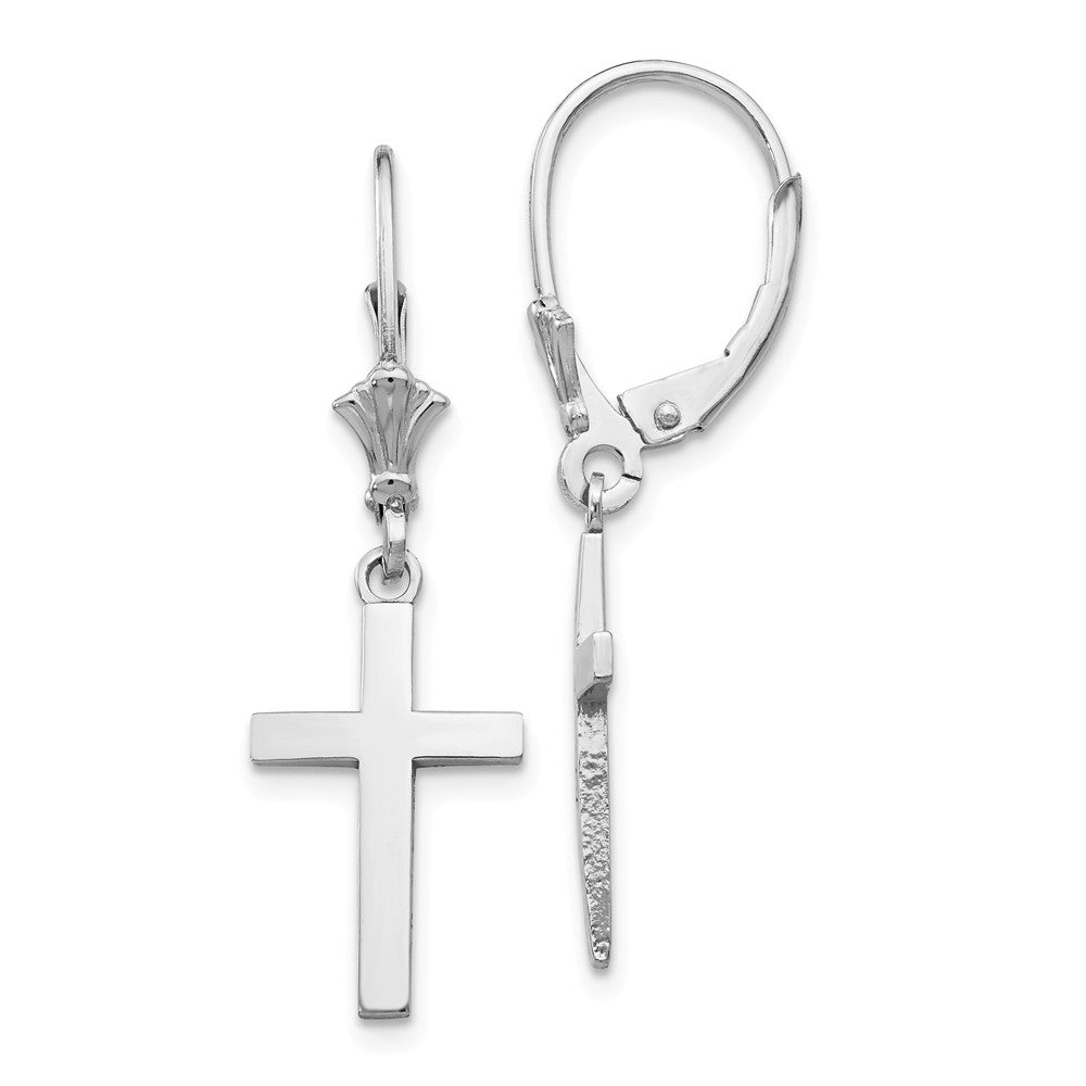 14K White Gold Polished Cross Leverback Earrings