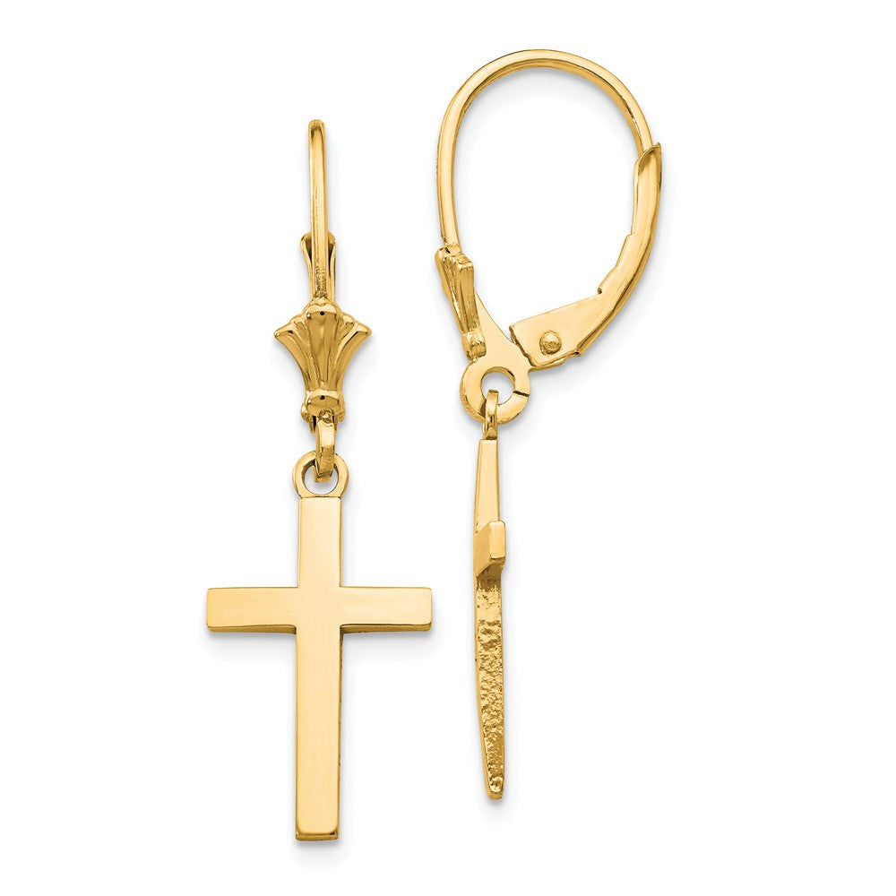 **14K Gold Polished Cross Drop Earrings with Leverback Closure**