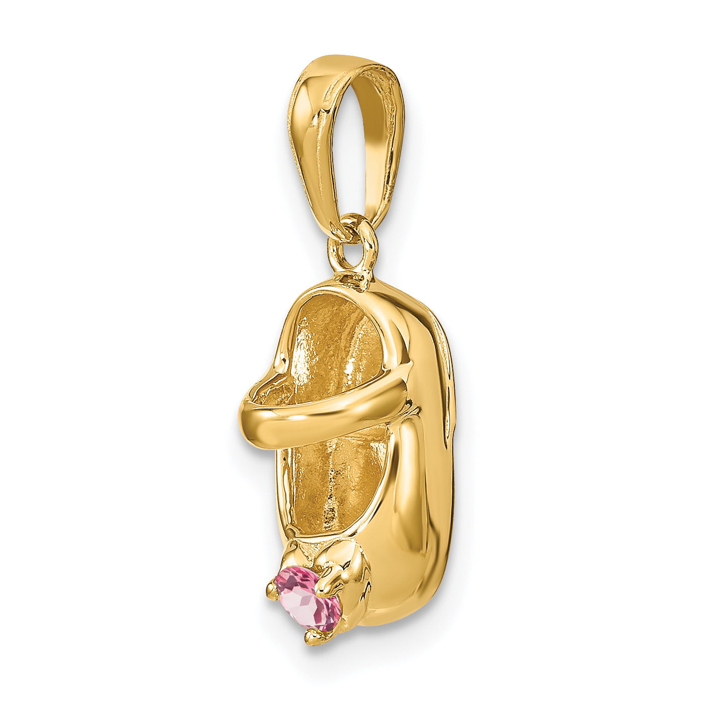 14K Gold Engravable Shoe Charm with Pink October Birthstone