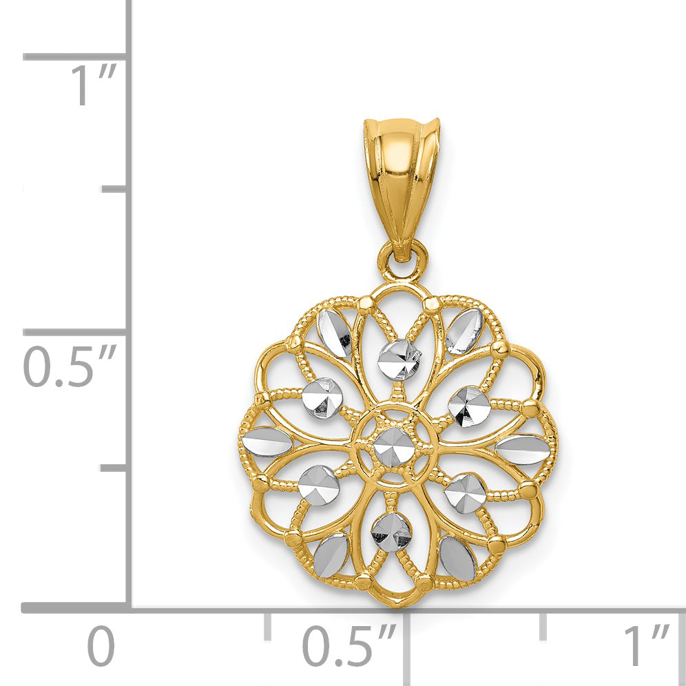 14K Gold and Rhodium Diamond-Cut Filigree Pendant  Elegant and Polished Design