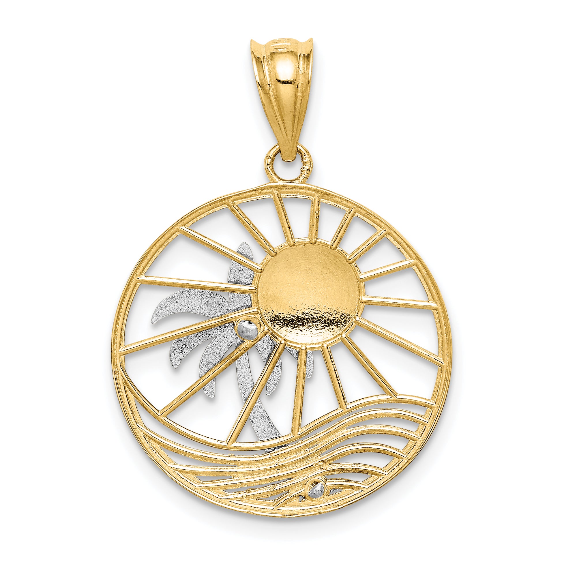 14K Two-tone Sun and Palm Tree Pendant