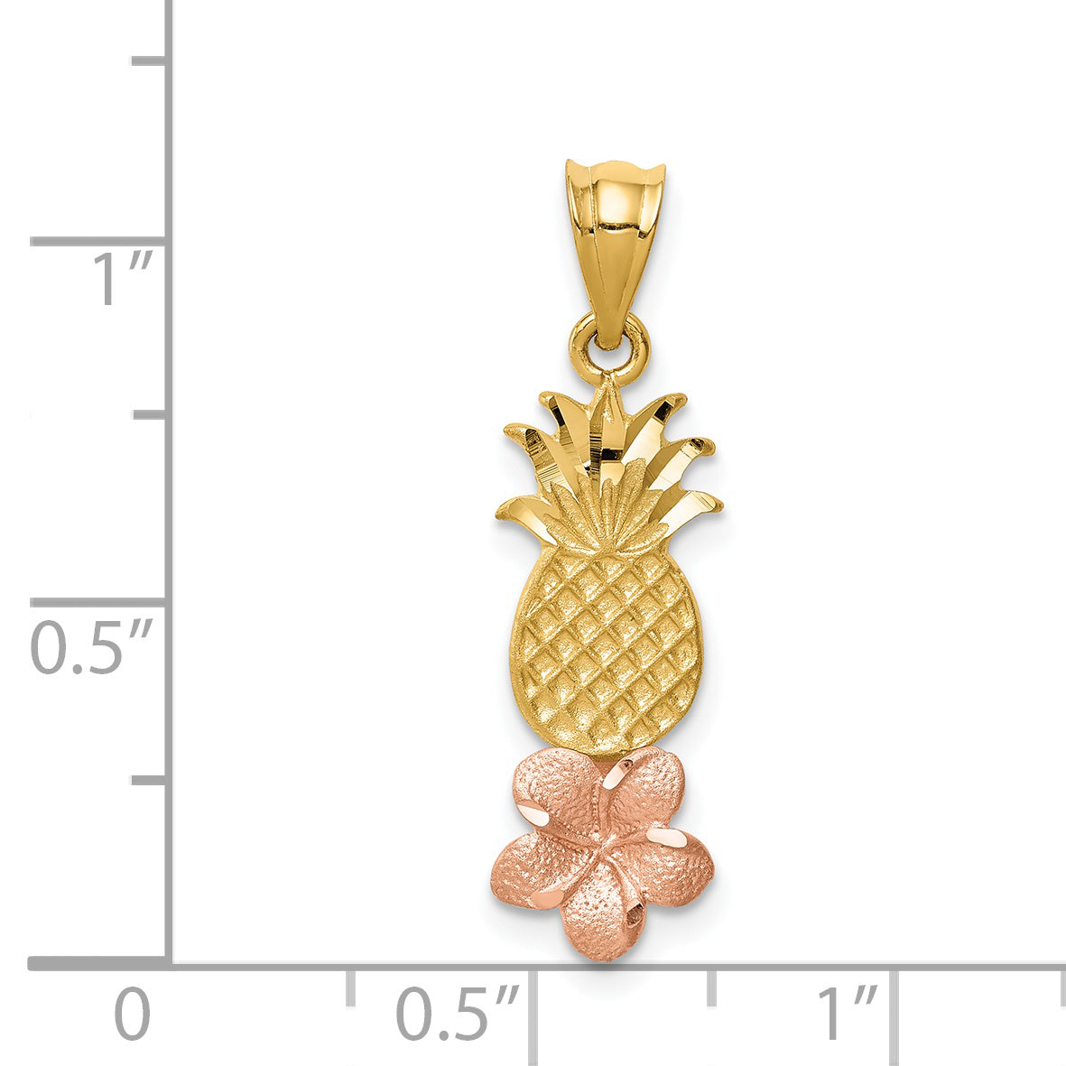 14K Two-Tone Gold Pineapple Pendant with Plumeria and Diamond-Cut Finish