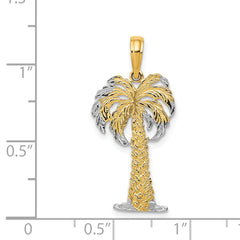 14K Gold Palm Tree Pendant with Rhodium Accents, Polished & Textured Finish