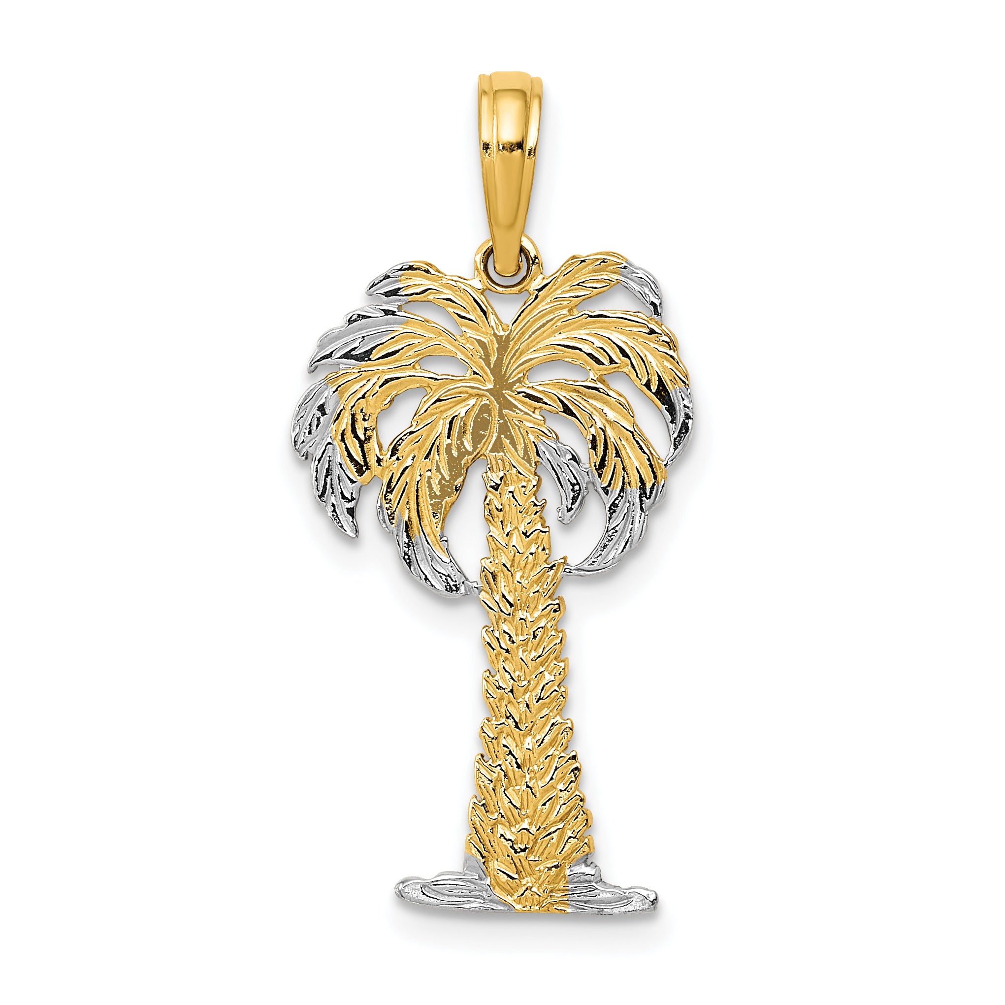 14K w/ Rhodium Polished And Textured Palm Tree Pendant