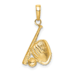 14K Gold Baseball Bat and Glove Pendant with Rhodium Accents  Polished & Textured