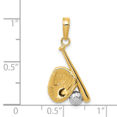 14K Gold Baseball Bat and Glove Pendant with Rhodium Accents  Polished & Textured