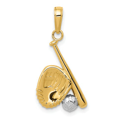 14K w/Rhodium Baseball, Bat, and Glove Pendant