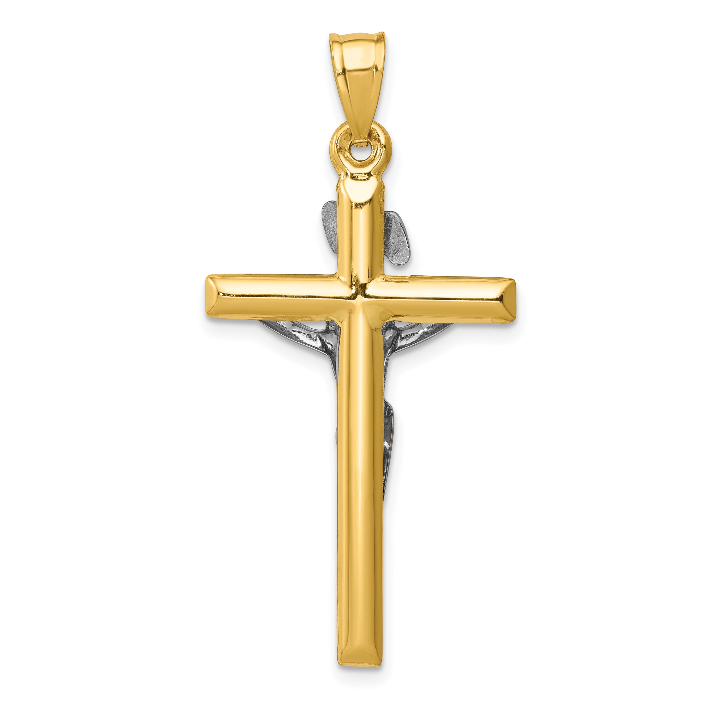 14K Two-Tone Gold INRI Crucifix Pendant with Polished Semi-Solid Design