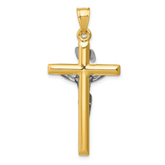 14K Two-Tone Gold INRI Crucifix Pendant with Polished Semi-Solid Design