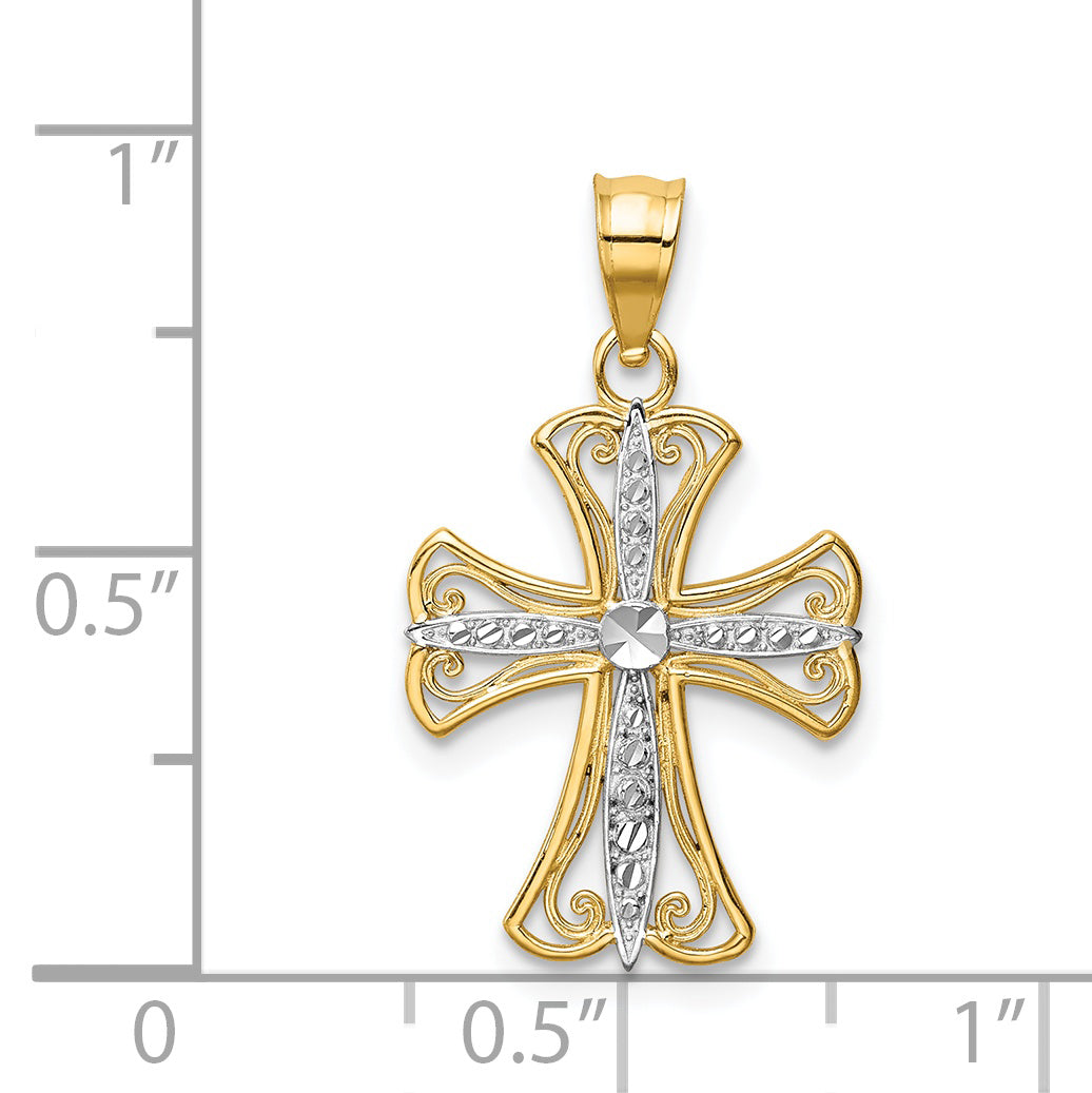 14K Gold Diamond-Cut Cross Pendant with Rhodium Accent  Elegant & Solid Design