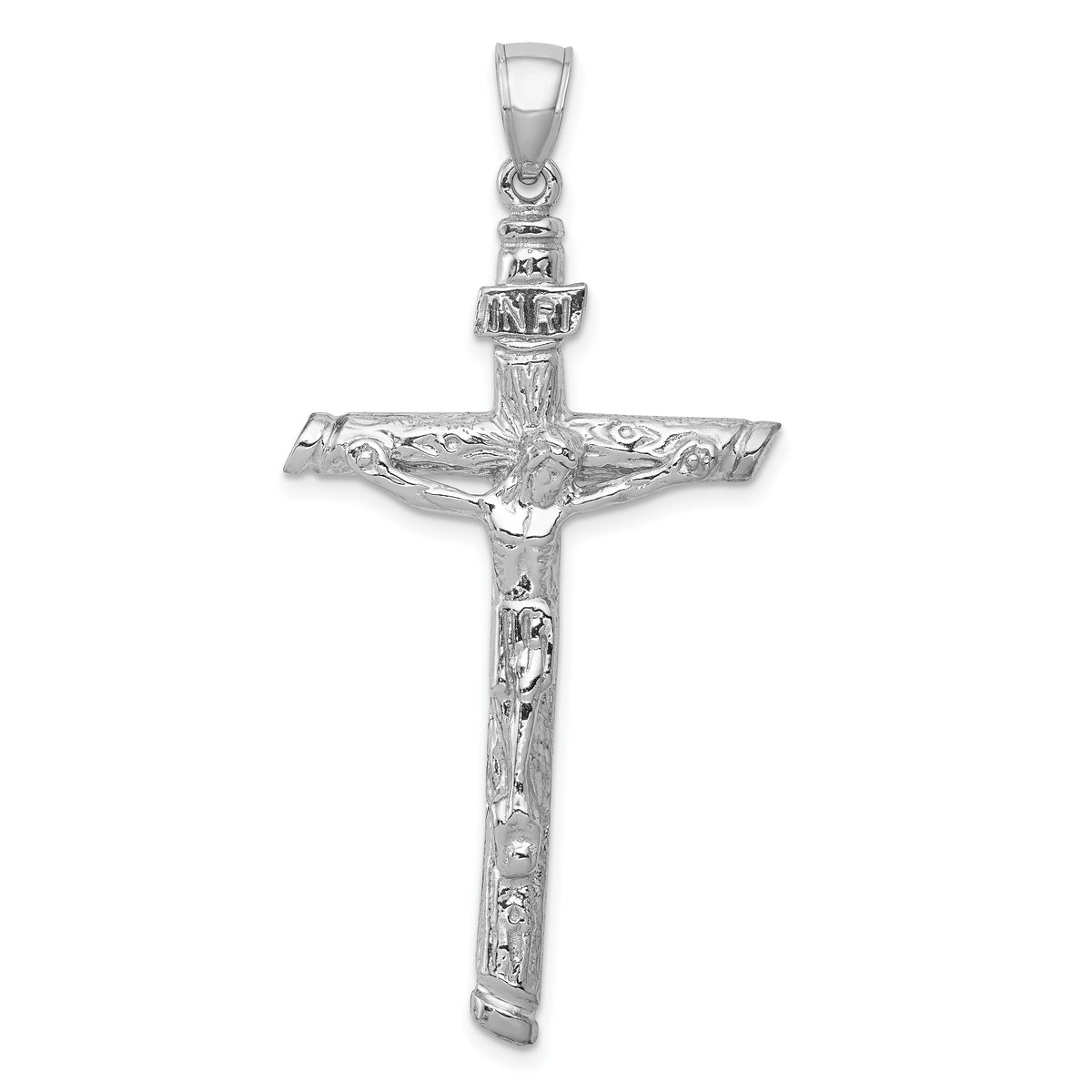 14K White Gold INRI Crucifix Pendant with Rhodium Plating  Solid, Casted Design